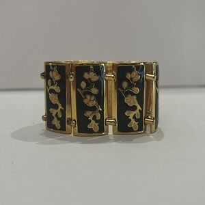 Unusual 80's Vintage Napier Dark Blue & Cream Enamel Gold Plated Cuff Bracelet